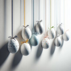 Easter eggs in pastel colors hanging on a ribbon near the wall. Happy Easter background