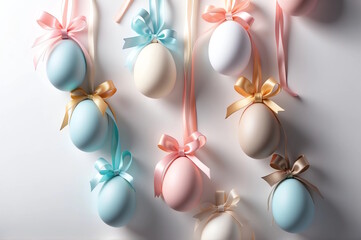 Easter eggs in pastel colors hanging on a ribbon near the wall. Happy Easter background
