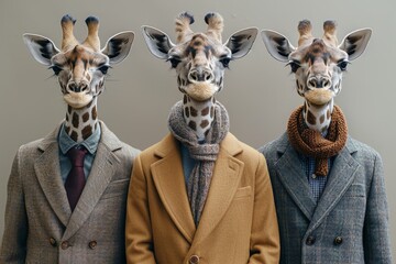 Trio of giraffes dressed in sophisticated human attire, merging wildlife with high fashion, exuding confidence and style