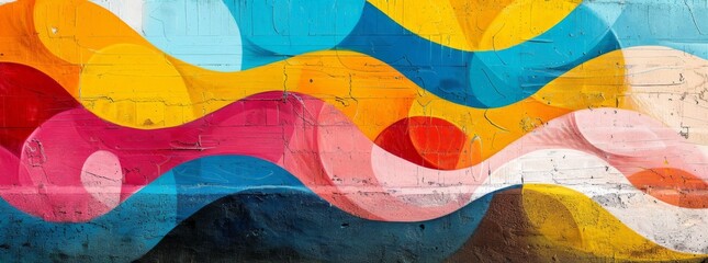 Colorful wave pattern street art on a textured urban wall, showcasing a dynamic blend of graffiti and abstract expression.