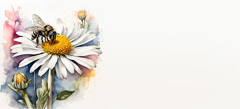 Romantic bouquet watercolor  of Ox Eye Daisy with big bee in full view on a light background, in bright colors. For Birthday, Mother day, Valentine's day greeting banner, card with  copy space.