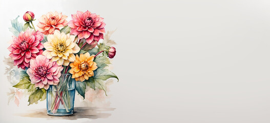 Romantic bouquet watercolor of Dahlia full view  in vase on a light background, in bright colors. For Birthday, Easter, Mother day, Valentine's day greeting banner, card, copy space.