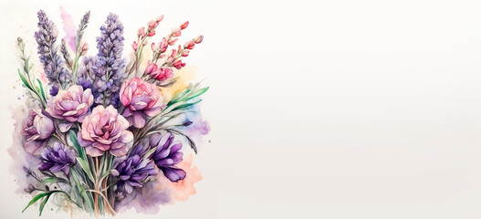 Romantic bouquet watercolor of Lavender in full view on a light background, in bright colors. For Birthday, Easter, Mother day, Valentine's day greeting banner, card, copy space.