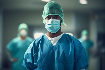 Fototapeta na wymiar Step into the healthcare arena as a surgeon dresses in blue scrubs and a green face mask, projecting confidence and reliability Generative AI,