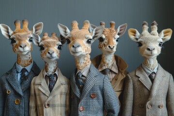 Five giraffe heads on human bodies wearing stylish suits pose with a humorous twist, simulating a business team