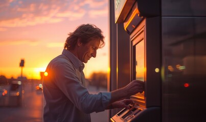Happy man withdrawing cash from an ATM. happy man using a bank car to withdrawn money from cash machine - obrazy, fototapety, plakaty