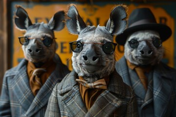Three hyenas wear stylish glasses and matching suits, exuding coolness and synchronization