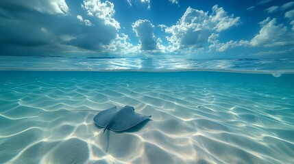 The silent movement of a stingray gliding effortlessly over the sandy ocean floor, a picture of underwater serenity.