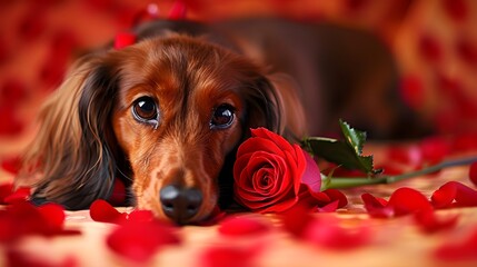 A cute dachshund with a rose for Valentine’s Day, Mother’s Day