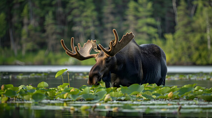 A bull moose eating lily pads in the lake in early morning. Shot in Algonquin Provincial Park, Ontario, Canada. - obrazy, fototapety, plakaty