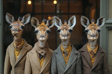 Four giraffes dressed in brown-toned suits pose in front of a shop window, creating a whimsical yet sophisticated scene