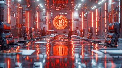 Futuristic Cityscape with Bitcoin-Themed Offices and Buildings AI Generated
