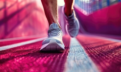 A runner running on the track, up close, highlighting the left side of the shoe with a purple background