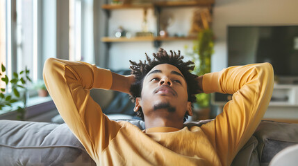 Black boy with afro hair and yellow sweater relaxing on the couch at home