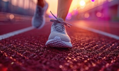 A runner running on the track, up close, highlighting the left side of the shoe with a purple background