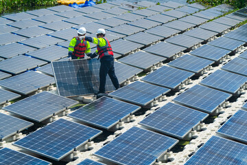 Photovoltaic engineers work on floating photovoltaics. workers Inspect and repair the solar panel...