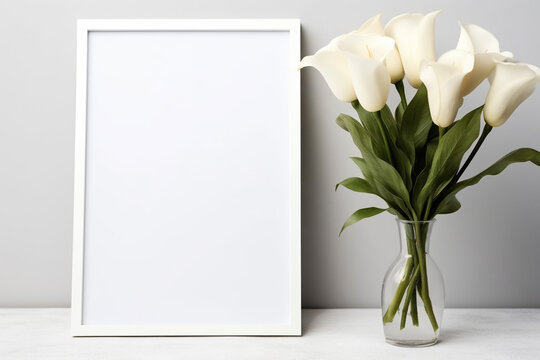 white picture frame white calla flower brightbackground copy space