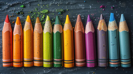 A row of colored pencils with pointed tips on a black background with crumbles of chalk and paint. - obrazy, fototapety, plakaty