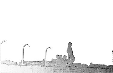 Outline and relief effects for the monochrome picture of some  street urchins on a border wall. 
