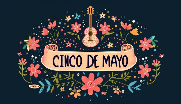 the words CINCO DE MAYO with flowers and guitar Generative AI