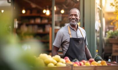 Portrait of happy smiling small Latino business owner dressed in black uniform with an apron in his cozy vegetable shop. Successful people, hard shopkeeper work, and restaurants industry concept - obrazy, fototapety, plakaty