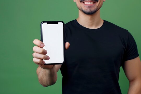 Man smiling  with a phone showing it to the camera, green background
