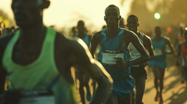Blurred Marathon Runners at Starting. close up of starting line of African marathon race, runners out of focus, 