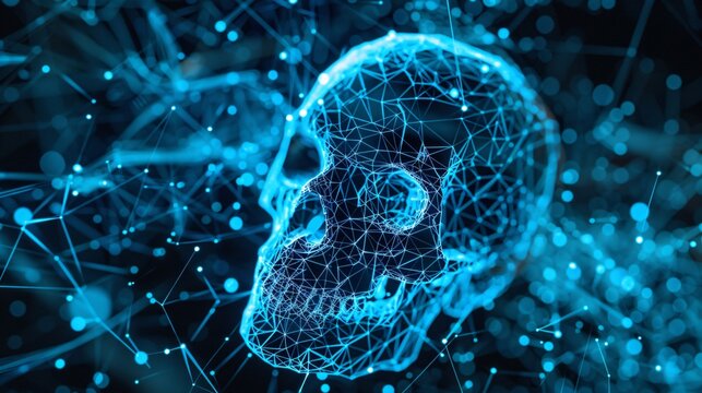Abstract illustration of a skull enveloped in blue digital patterns representing the intersection of mortality and virtual reality