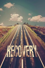 Life without addictions: alcoholism, smoking, drug addiction. The word "RECOVERY" is across the paved highway. Walking away from destructive habits.