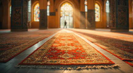 Prayer rug lies on the ground in empty Muslim mosque. Islamic religious celebration - Ramadan Kareem - concept