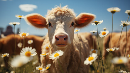 A cow looks straight into the camera against the background of a field of daisies under a blue sky.