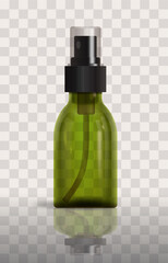 Green glass bottle with sprayer. Vector illustration on transparent background