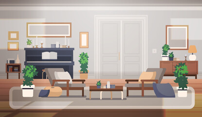Interior of spacious bright room for relaxing or meeting guests. Flat vector illustration