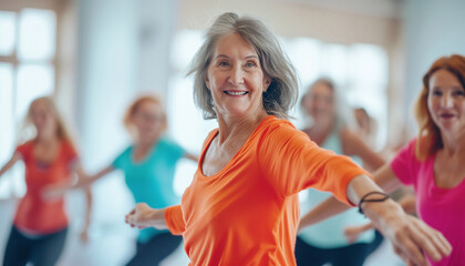Zumba dance classes with group of elderly seniors in big gym hall. Smiling old woman with grey hair gazing at camera while doing dancing poses with friends ladies. Active retirement and happy people.