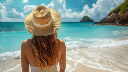 Fototapeta na wymiar Photo of girl in straw hat looking at the sea. Photo from behind. Time for summer vacation and relaxation.