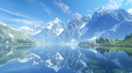 Towering mountain range casting reflections in a pristine lake, embraced by a clear, blue sky.