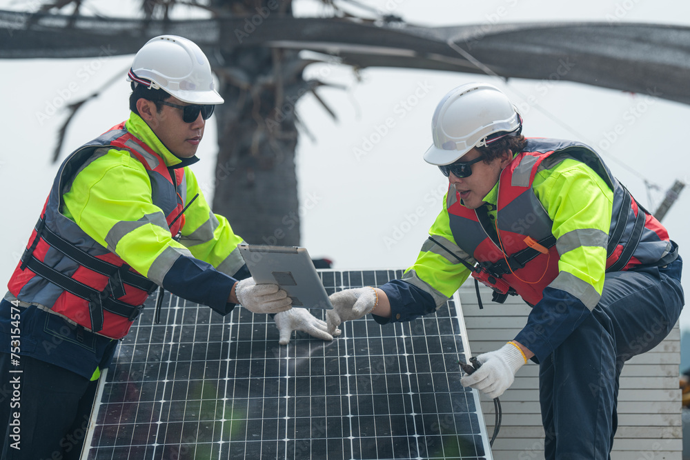 Wall mural male workers repair floating solar panels on water lake. engineers construct on site floating solar 