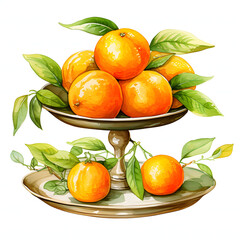 Tangerine, arranged in a tiered serving tray for a refreshing display, fruits, watercolor illustration, cute cartoon , sharp outline, white background for removing background.