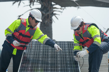 Fototapeta premium Male workers repair Floating solar panels on water lake. Engineers construct on site Floating solar panels at sun light. clean energy for future living. Industrial Renewable energy of green power.