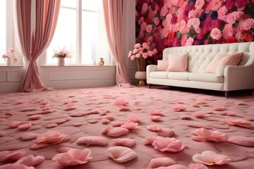 a pink flowery carpet in the room