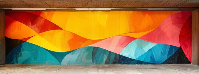 Bold, flowing mural with warm and cool tones undulating across an architectural alcove, casting dramatic shadows.