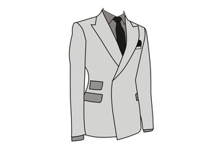 Vector illustration of light gray men's tuxedo formal wear with black tie. Business themed formal wear illustration concept.