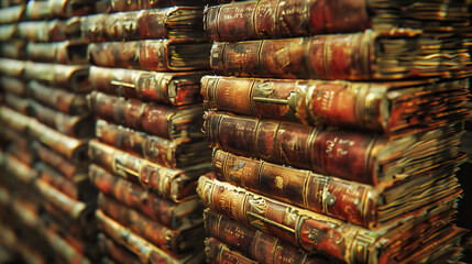 Fototapeta premium In the Silence of Knowledge, Books Stand as Guardians of History, A Symphony of Wisdom Playing in the Halls of Memory