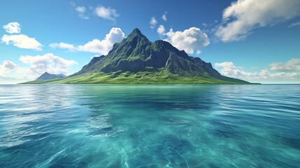 Towering mountain surrounded by pristine water, creating a breathtaking landscape against a clear blue sky. - Powered by Adobe