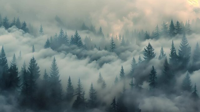 Serene watercolor animation depicts misty woods nestled amidst grand mountain ranges