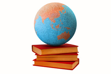 Earth globe on a stack of books showing Asia and Australia as a concept of knowledge. Books symbolize wisdom and knowledge that support the world.