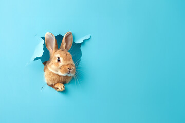 Obraz premium An adorable rabbit peeks through a blue paper wall with copy space.