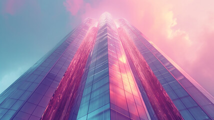 A futuristic skyscraper with a front full view, boasting a sleek metallic silver-colored exterior that reflects the changing colors of the sky as day turns to night.