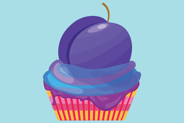 cupcakes with fresh cherry plum.Hand drawn watercolor illustration.