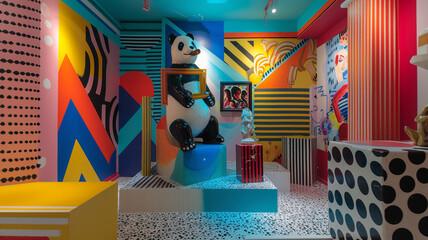 A modern art exhibit with a panda enjoying a cigar, surrounded by abstract sculptures, with the wall painted in vibrant pop art colors.